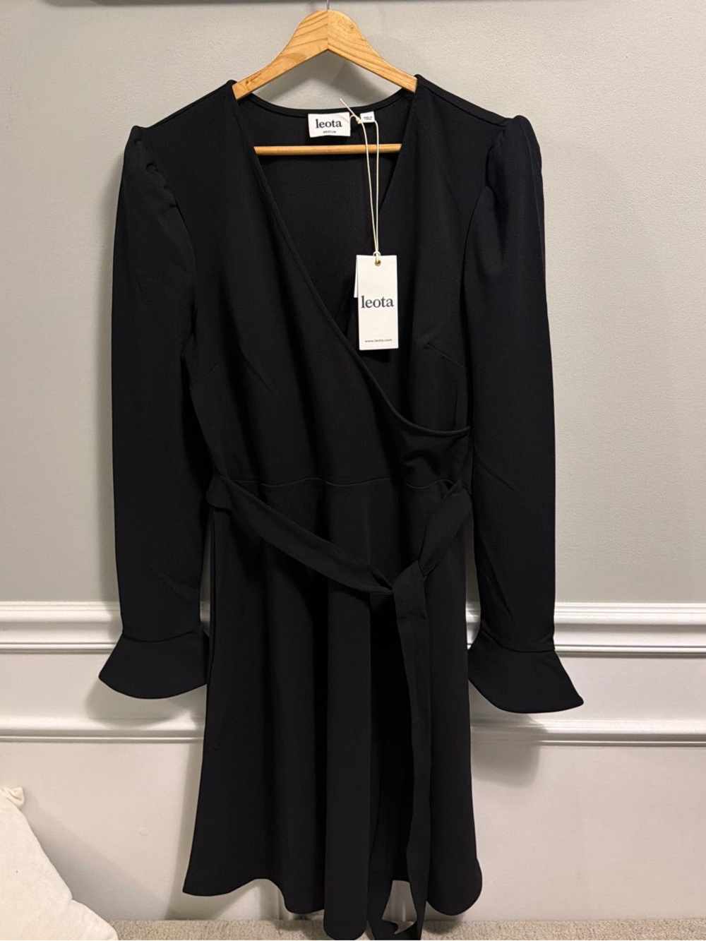 Leota Black Long-Sleeve Wrap Dress with Waist Tie